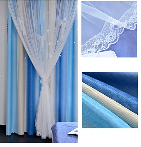 Image of Yancorp Room Darkening Light Blocking Pink Curtains White Sheer Lace Detachable Bow Ties Kids Room Decor Ombre Drapes Star Double Layer Window Panels Bedroom Living Room (Blue Beige, W52 X L63)