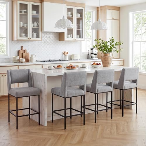 Image of Zesthouse Upholstered Counter Height Stools Set of 4, 26 inch Oversized Bar Stools with Wide Back, Metal Barstools Heavy Duty 300 Lbs, Modern Counter Height Chairs for Kitchen Island, Gray Linen Fabric