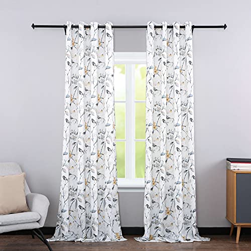 Leeva Grey Print Window Curtains For Living Room, Birds And Branches Farmhouse Garden Style 84 Inch Long Semi-Sheer Curtain And Drapes For Guest Room Bedroom, 2 Panels #TOP1