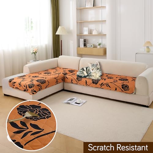 Image of HOKIPO 'Elira Series' Printed Water Repellent + Waterproof Quick Dry L Shape (3+2 Seater) Sofa Seat Cover Mat, Copper Brown Floral (AR-5249-C8 + AR-5246-C8)