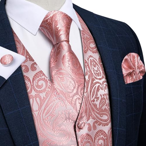 DiBanGu Mens Vest and Tie Set Formal Paisley Waistcoat and Necktie Pocket Square Cufflinks Silk Suit Vest for Tuxedo Wedding, Blush Pink, 3X-Large3