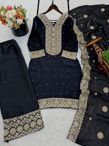 Image of JIYA'S Collection Women Eid Special Fendy Silk Embroidered Kurta Palazzo Set with Dupatta