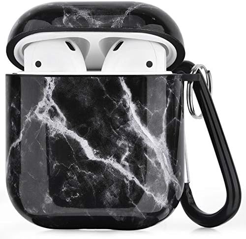 CAGOS for Airpods Case, Cute Marble Protective Hard Cover with Keychain Compatible with Apple Airpods 2nd/1st Generation Case for Women Men, Black