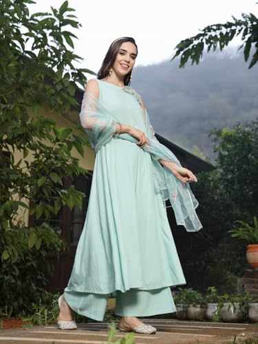 Image of Stylum Women's Solid & Embellished Rayon Flared Kurta Palazzo Dupatta Set