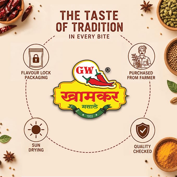 Image of GW Khamkar Special Kala Goda Masala /Powder /Spices, Taste of 90 Years' Experience, Aromatic mild Maharashtrian Flavor, Zip Lock & Re-usable Pack, and 250grams Pack of 1.