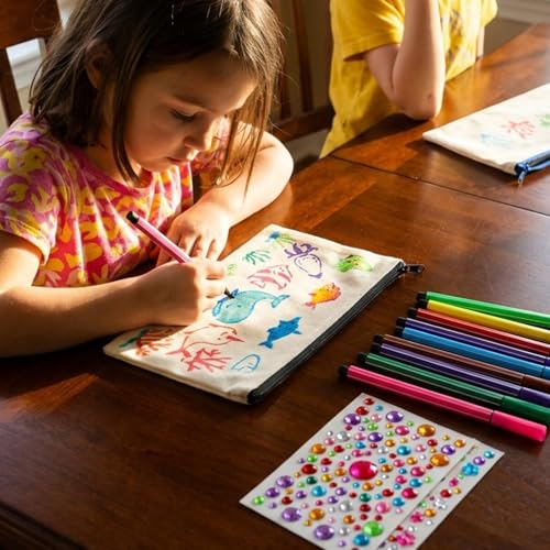 Vyuwast Mäppchen zum Bemalen, 10 Stück DIY Stoff Federmäppchen Blanko, Taschen Bemalen Kinder mit 12 Farbigen Stiften, 16 Malen Schimmel und 4 Aufklebern für Make up Taschen, Aufbewahrung Schreibwaren
