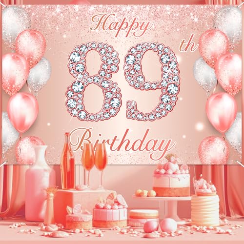 Image of Happy 89th Birthday Rose Gold Banner Cheers to 89 Years Old Backdrop Confetti Balloons Theme Decor for Women 89 Years Old Pink Birthday Party Decorations Bday Supplies Background Favors Gift Glitter