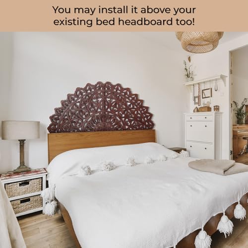 Half Moon Wood Head Board | Carved Head Board Only | Wooden Head Board Size Bed | Wall Mount Head Board King | Full Bed Head Board Panels (Dark Brown, California King, Mahkota) - Image 5
