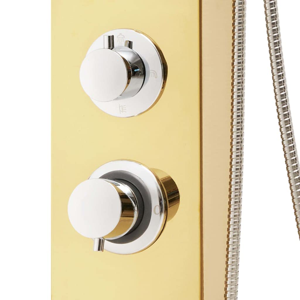 Sistema di pannelli doccia in acciaio inox 201 Golden con soffione a pioggia, cascata, ugelli massaggianti e doccetta, altezza 130 cm, regolabile e orientabile, per vasca da bagno, doccia e