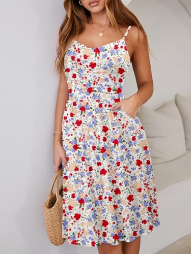 Image of YATHON Casual Dresses for Women Sleeveless Cotton Summer Beach Dress A Line Spaghetti Strap Sundresses with Pockets