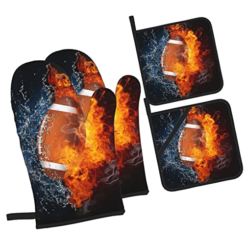 Football With Ice And Fire Oven Mitts And Pot Holders Sets 4 Pcs Heat Resistant Pads Non-Slip Bbq Gloves For Kitchen,Cooking,Baking,Grilling #TOP1