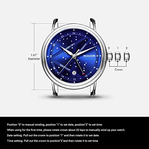 Image of ROCOSJEWE Men's Luxury Automatic Mechanical Watch, Luminous Night Sky Leather Strap, Waterproof, Date Display, Fashion Business Watches for Men RW0108, Blue, Classic,Business,Elegant