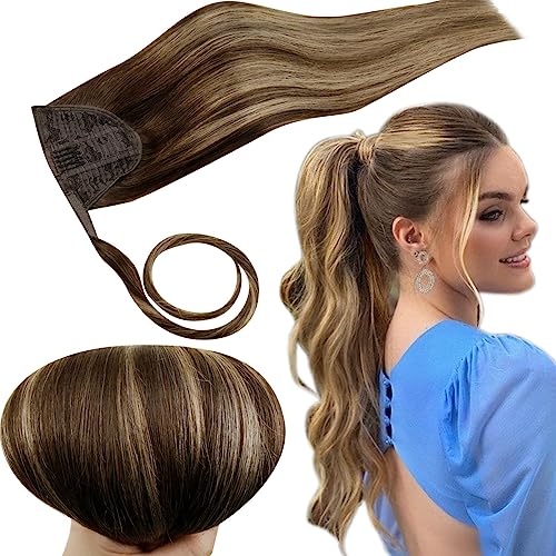 RUNATURE Ombre Human Hair Ponytail Extension Brown Clip in Ponytail Hair Extensions Real Human Hair Ponytail Extension Brown Ponytail Hair Extensions Human Hair 18 Inch 80g