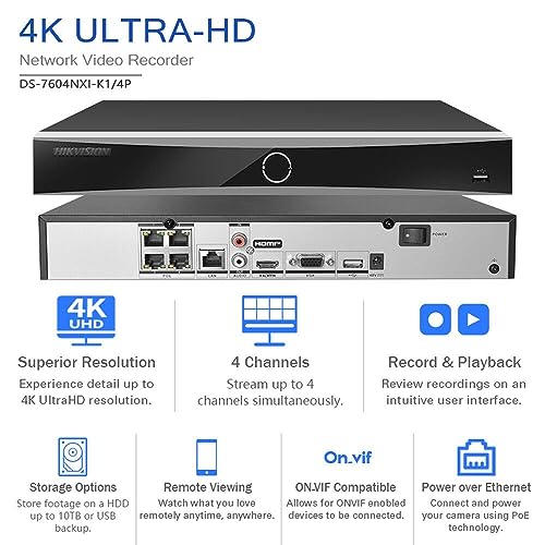 Image of DS-7604NXI-K1 /4P 4 Channel PoE 4K ACU-Sense H.265+ NVR, Human&Vehicle Detection, Facial Recognition, Plug&Play Compatible with Hikvision IP Camera, Up to 12MP Recording, Upgradable Firmware(No HDD)