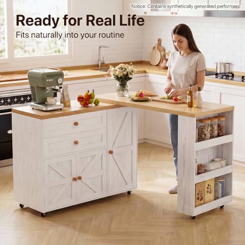 Image of IRONCK Rolling Kitchen Island with 360 Swivel Table and Storage, White | Engineered wood kitchen cart with 2 drawers, adjustable cabinet shelves, 3-tier Spice rack and 7 swivel casters for kitchen