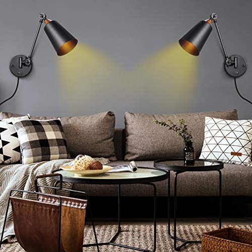 Elibbren Vintage Plug in Wall Sconce 2 Pack, Industrial Edison Wall Light with 5.9FT Plug in Cord with On Off Switch, Rustic Vanity Bedroom Swing Arm Wall Light Fixtures - Thumbnail 6