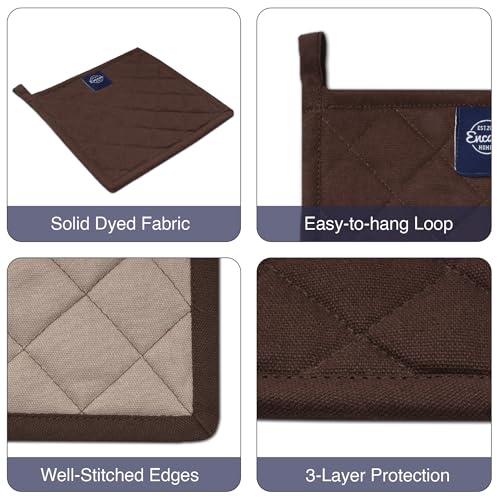 Image of Encasa XO Heat Resistant Cotton Pot Holders with Hanging Loop - Set of 2 - Dark Taupe & Beige - Multipurpose Quilted Everyday Hot Pad for Kitchen, Camping, BBQ & Microwave - 21 cm