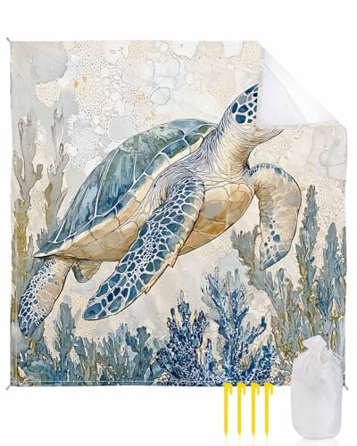 Beach Blanket Sandproof Waterproof Picnic Blankets Summer Sea Turtle Ocean Coral Extra Large Lightweight Outdoor Beach Mat with Corner Pockets for Travel/Camping/Hiking Coastal Nautical Theme
