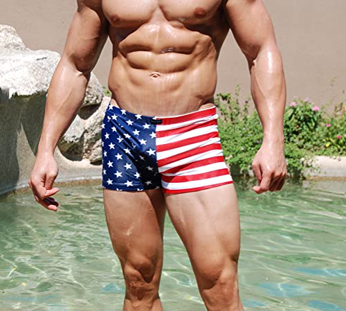 Men's American Flag Print or Solid Color Midcut Trunk Swimsuit for Men2
