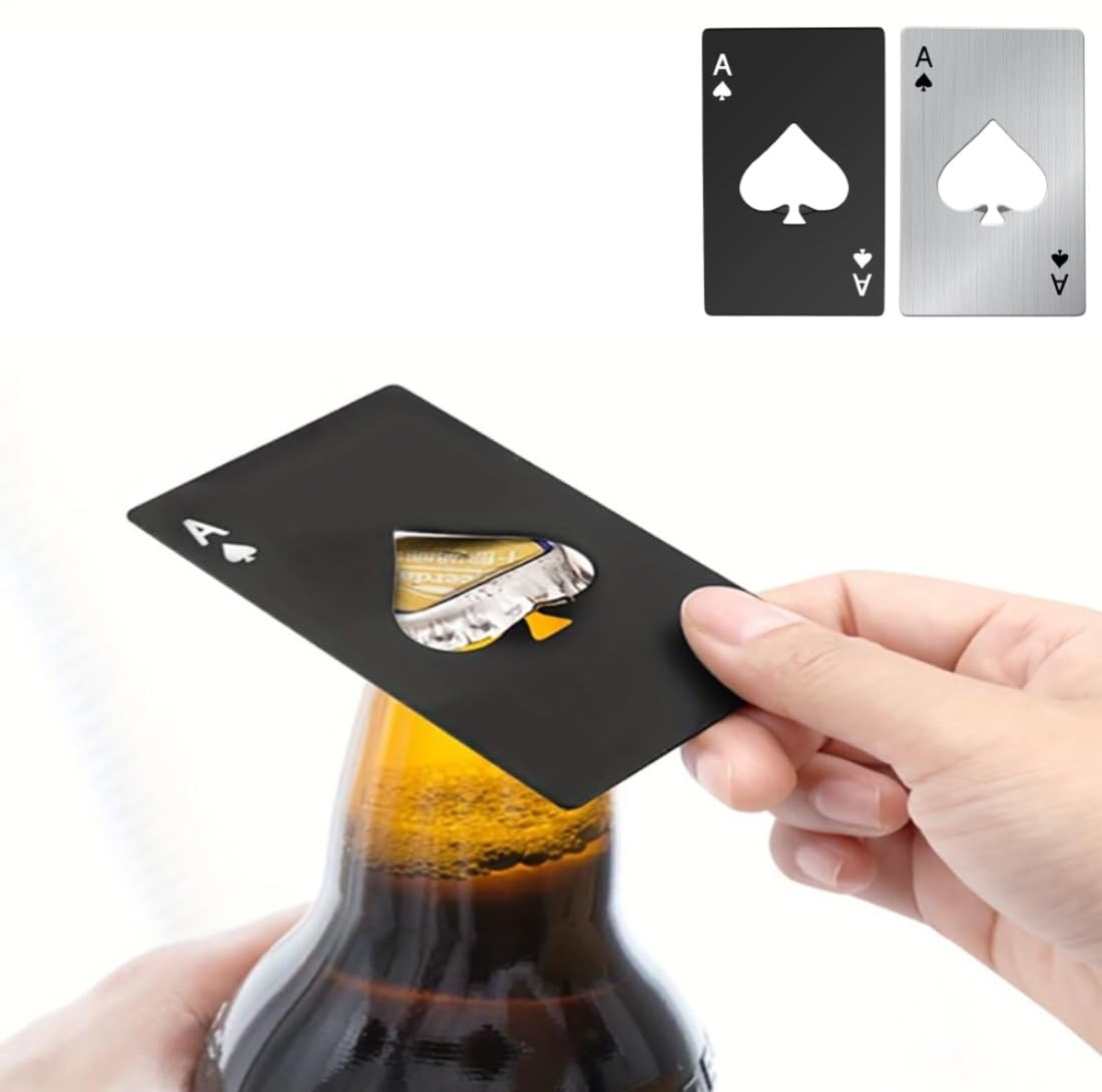 2PCS Credit Card Bottle Opener Stainless Steel Slim Playing Card Design with Spade Cutout, Durable Bar Tool for Home Party Travel, BlackSilver