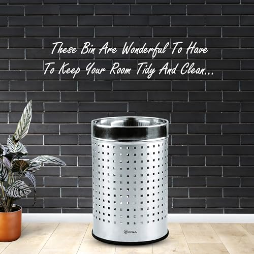 Image of mofna Stainless Steel Square Perforated Dustbin, Garbage Bin Paper Bin For Home, Bedroom, washrooms, Office, Kitchen, Bathroom (7 inchx11 inch inch - 6-Liter (Silver)