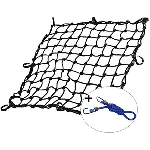 KOFULL 20" x 20" Cargo Net, Bungee net with 8 Hooks, Small Cargo net Stretches to 42" x 42", Cargo Netting with 2" x 2" Mesh for Motorcycle, Bike, ATV - Free 1 PC Luggage Fixed Strap Rope Cover