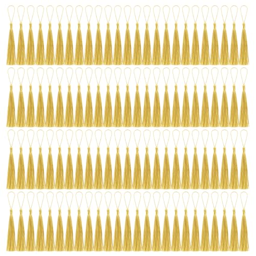 Image of 100 Pcs Bookmark Tassels Bulk Champagne Gold Soft Craft Silky Handmade Mini Tassels for Jewelry Making with Loops for DIY Craft Accessory Dress Decoration