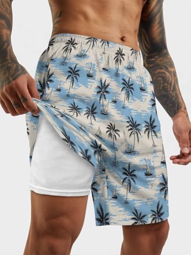 Mens Swim Trunks with Compression Liner,Palm Trees Surfing Men's Inseam Board Shorts Quick Dry Bathing Suit for Men/Boys2