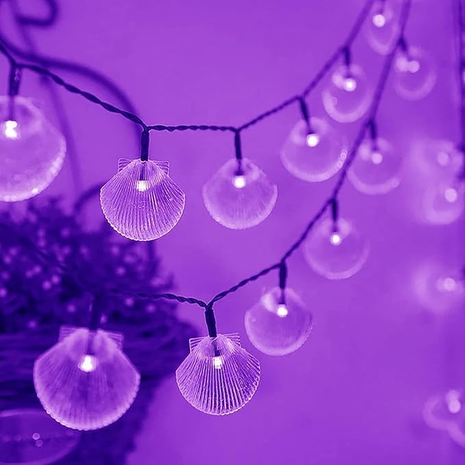 Seashell Light String, 7M 50LED Outdoors Solar Shell Light String Waterproof 8 Modes Ocean Theme Lights String Decoration (Purple)