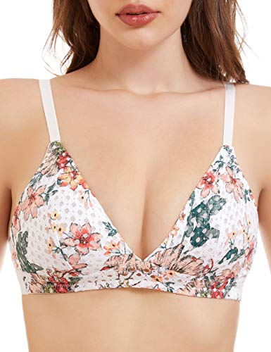 RAYCHIC Bralettes for Women Print Bralette Sexy Bras V Neck Adjustable Strap Wire Free Incomeplete See Through,White Large