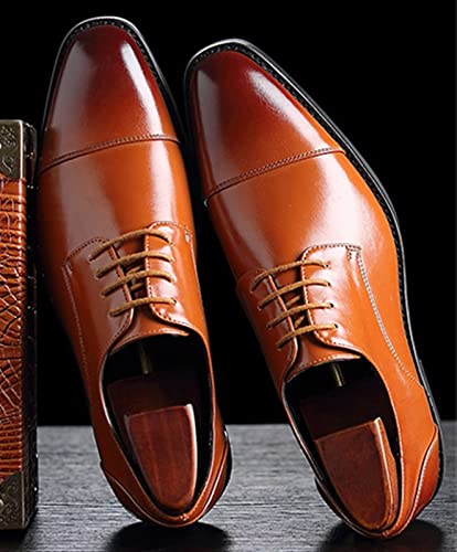 Dress Oxford Formal Shoes for Men Lace Up Cap Toe Black Burnished Toe PU Leather Anti-Slip Low Top Resistant Non Slip Block Heel Wedding(Yellow,10 M US)3