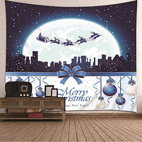 Banemi Intdorm Tapestry, Children Tapestry Luna with Merry Christmas And Happy New Year White Dark Blue Polyester Tapestry for Living Room Decoration 350X256cm