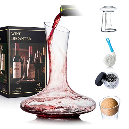 Comparison: Best Youyah Iceberg Wine Decanter 6 YouYah 100% Crystal Wine Decanter Set with Stand, Stopper, Brush and Beads - Red Wine Carafe - Hand-blown - Gift and Accessory