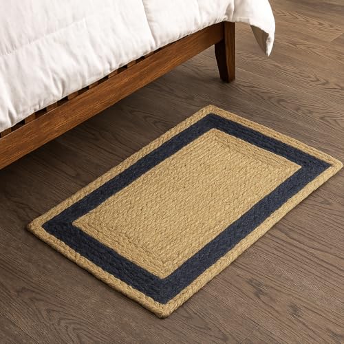 Image of Handwoven 2x3 feet Jute Rectangular Rug, Natural Fibers, Braided Reversible Carpet for Stylish Bedroom Living Room Dining Room Kids Room (2x3 feet, Black & Beige)