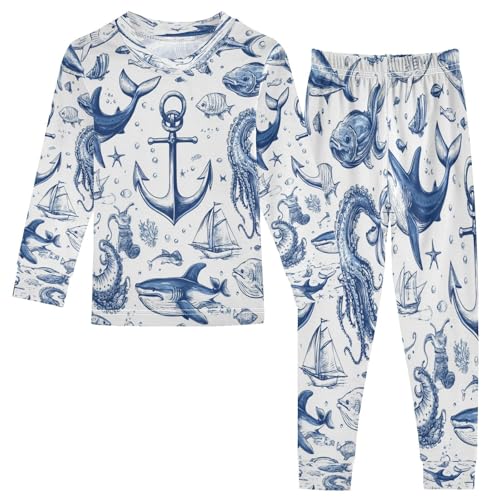 Pajama Sets Long Sleeve Cartoon Marine Pattern Soft Comfy Sleepwear 2 Piece PJS 3-8T