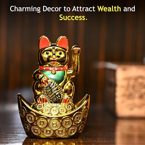 Image of ZAICUS Golden Waving Cat Figurine on Money Ingots | Feng Shui Symbol for Good Luck, Wealth, Prosperity, and Health | Decorative Cat Statue for Home & Office