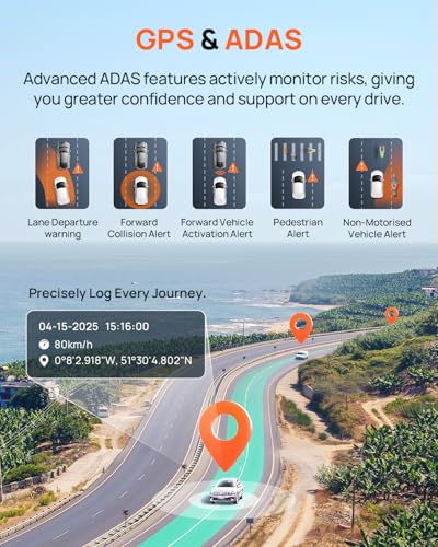 70mai A800SE Dash Cam Car Front Rear 4K UHD+1080P with GPS WiFi, Dual Car Camera with 128GB SD Card, F1.55 Aperture HDR, Night Vision, ADAS, 3 "IPS, 24/7 Parking Monitoring, Supports 512 GB Max - Image 6