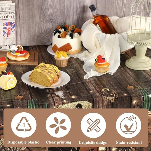 Image of Kochorie 54 Inch X 100 Feet Western Party Tablecloth Roll, Disposable Western Cowboy Table Cover, Cowboy Theme Plastic Tablecloth Wild West Wooden House Barn Door Table Cover for Baby Shower Birthday