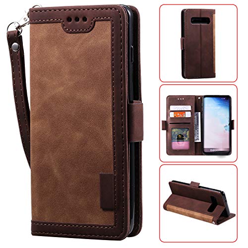 Nadoli Card Slots Wallet Case for Samsung Galaxy S10 Plus,Magnetic Handbag Pocket PU Leather Flip Wrist Strap Folio TPU Inner Stand Cover,Brown