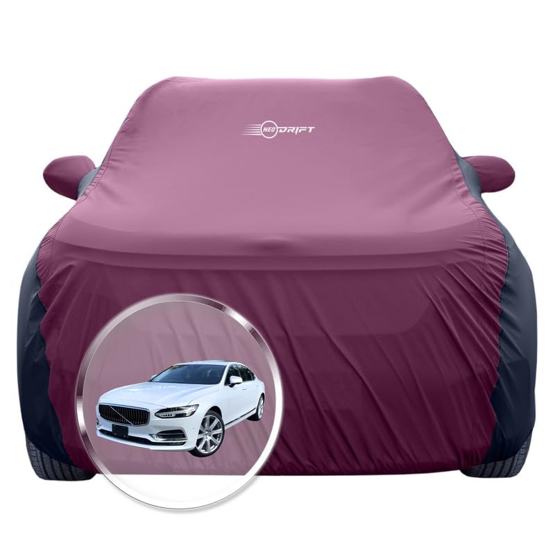 Image of NEODRIFT 'SuperTech' Car Cover for Volvo S-90 (100% Water-Resistant, All Weather Protection, Tailored Fit, Multi-Layered & Breathable Fabric) (Colour: Maroon+Black)