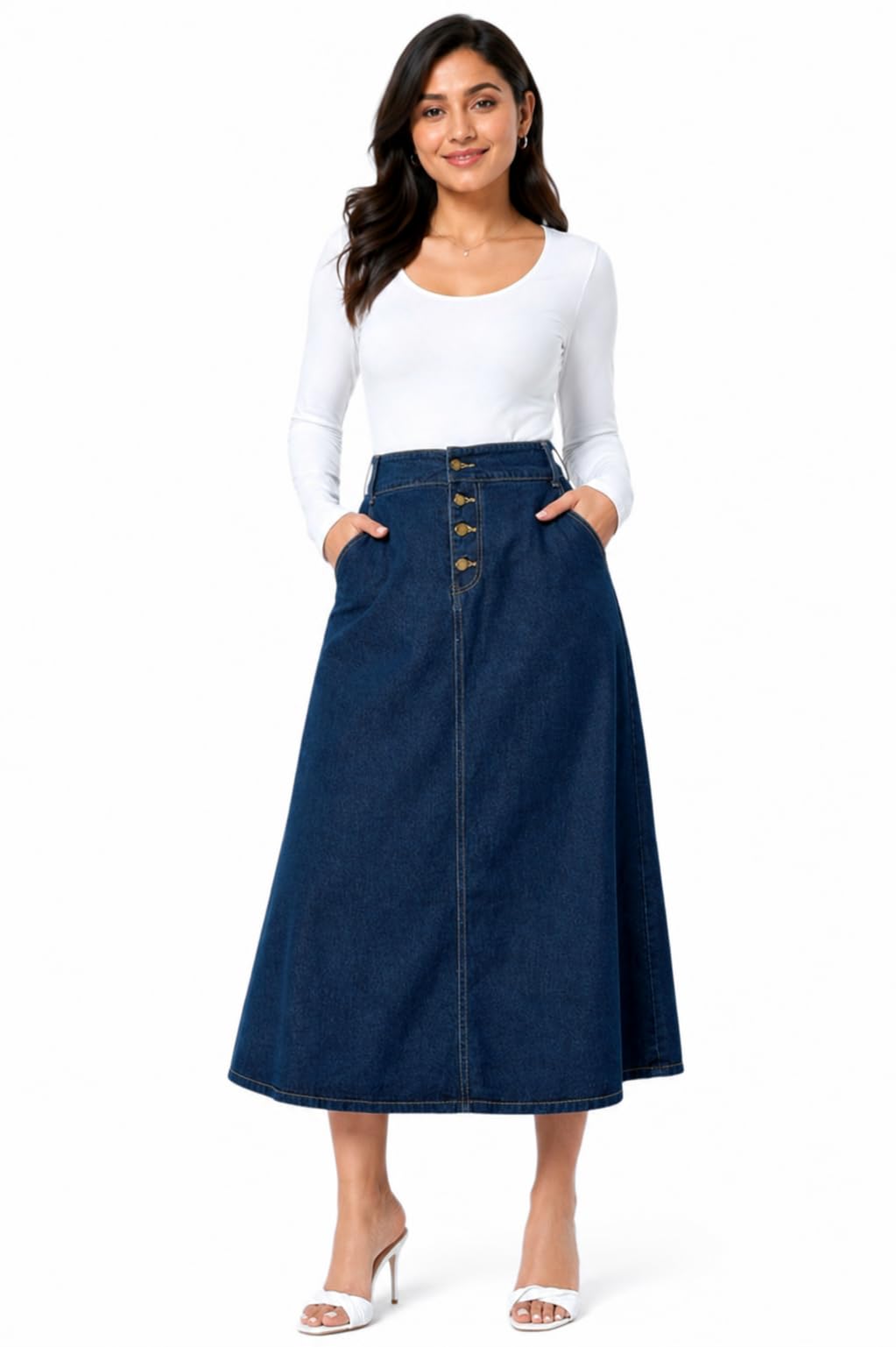 tripursundari fashion Navy Blue Plus Size Buttoned A-Line Maxi Denim Women Skirt-picture-35