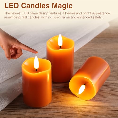 Image of Orange Flameless Votive Candles with Remote Batteries Set of 6 | 2x3 inch Small Flickering LED Pillar Candles, Battery Powered, Real Wax Coating, Fall Halloween Home Decor
