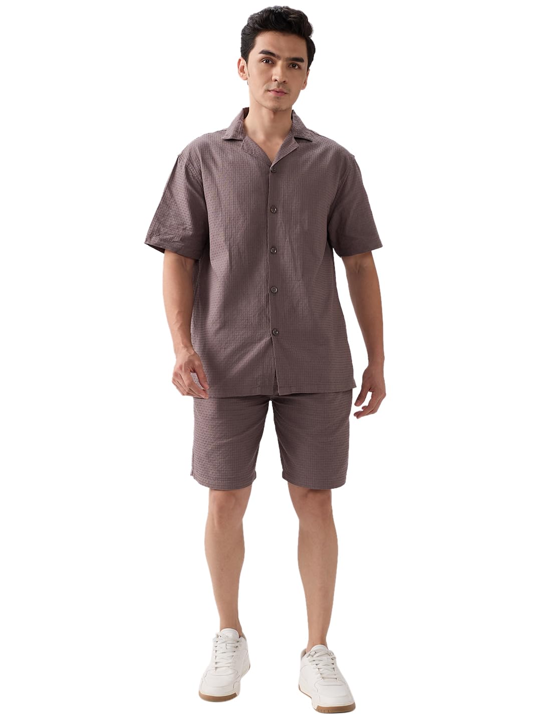 mens 100% Cotton Solid Medium Coffee Color With Dobby Texture Mens Co-ord set-image-38