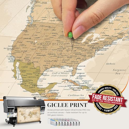 Image of DECORARTS - Large World Travel Map with Pins, Pin Board Canvas Wall Art, Antique Vintage Old World Maps for Wall, Giclee Print, Handcrafted in USA, 35x28''