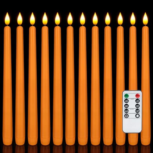 Homemory 12 Pcs Flameless Taper Candles with Remote Timer Dimmer 11 inches Orange Taper Candles Battery Operated Plastic LED Candlesticks with Flickering Flame for Halloween Decoration