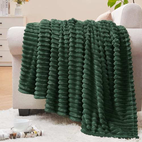 Image of BEDELITE Fleece Throw Blanket for Couch - 3D Ribbed Jacquard Soft and Warm Decorative Fuzzy Blanket - Cozy, Fluffy, Plush Lightweight Emerland Green Throw Blankets for Bed, Sofa, 50x60 inches