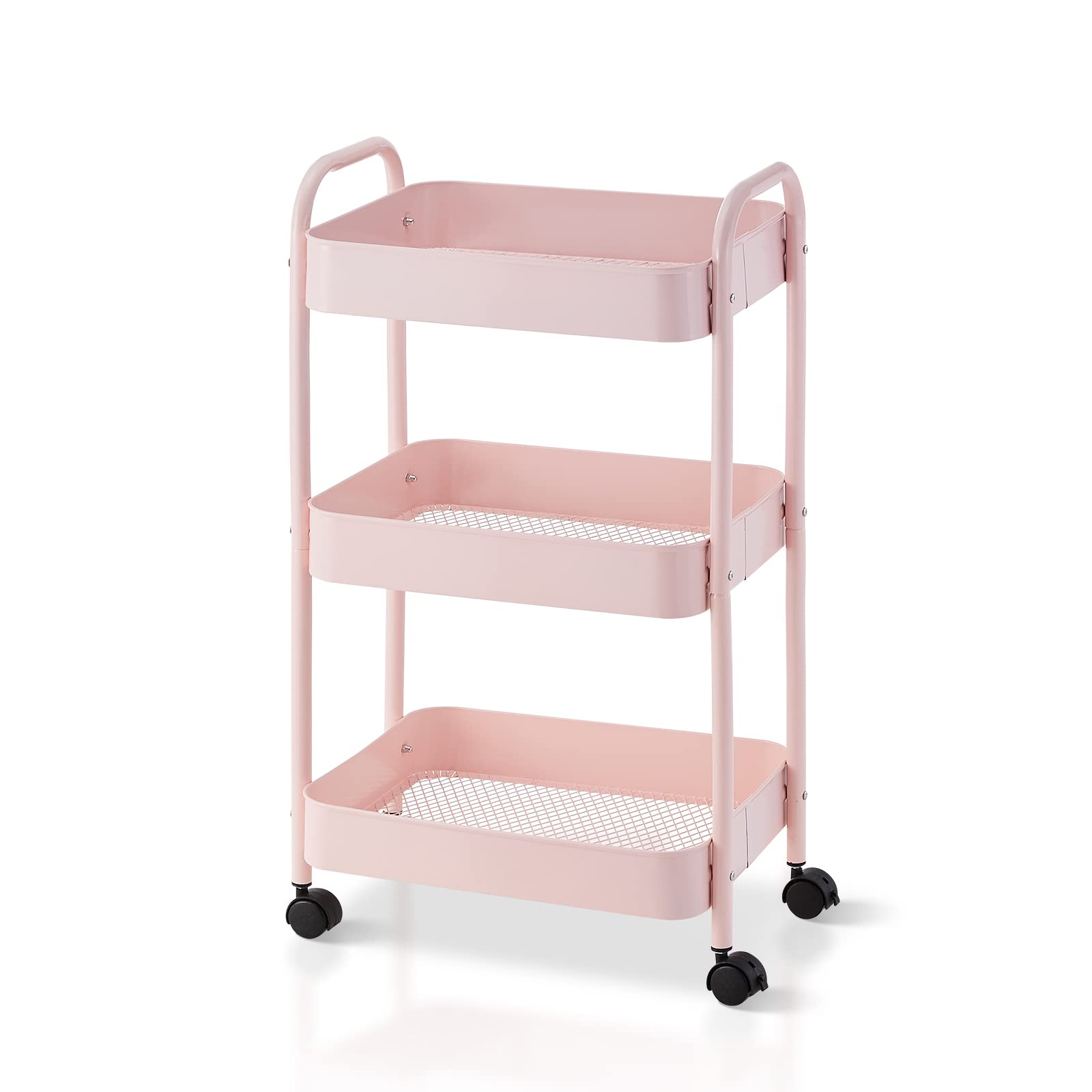 TUKAILAi 3-Tier Kitchen Storage Trolley on Wheels, Rolling Utility Carts Mobile Storage Serving Trolley Cart with Handle for Dining Room, Bathroom, Laundry, Living Room, Organizer (Pink)