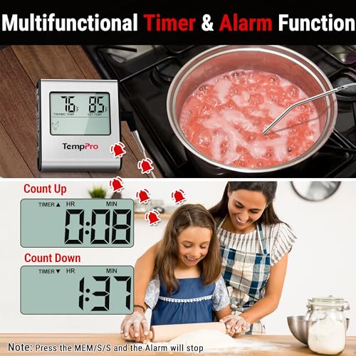 Image of TempPro TP16 Large LCD Digital Meat Thermometer for Smoker Oven Kitchen BBQ Grill Thermometer Clock Timer with Stainless Steel Temperature Probe, Cooking Gifts for Father&Husband(Previously ThermoPro)