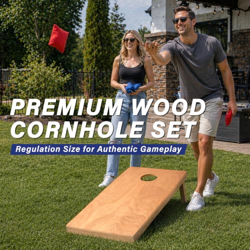 Image of GoSports 4 ft x 2 ft Regulation Size Wooden Cornhole Boards Set with Light Brown Finish - Includes Carrying Case (Choose Your Colors)