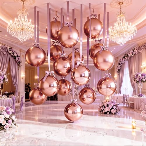 Image of 14 Pcs Rose Gold Round Foil Balloons 22 /15 /10 4D Ball Balloons Rose Metallic Balloon Ornament Mylar Balloon Chrome for Women Birthday Graduation Wedding Anniversary New Year Disco Party Decor